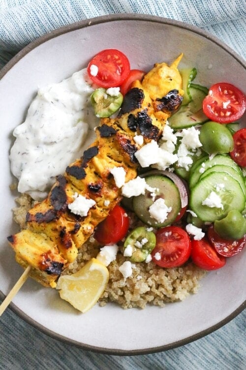 Chicken Tzatziki Bowls With Yogurt Marinated Chicken Skewers