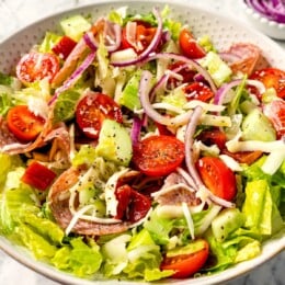 Italian chopped salad in large serving bowl.