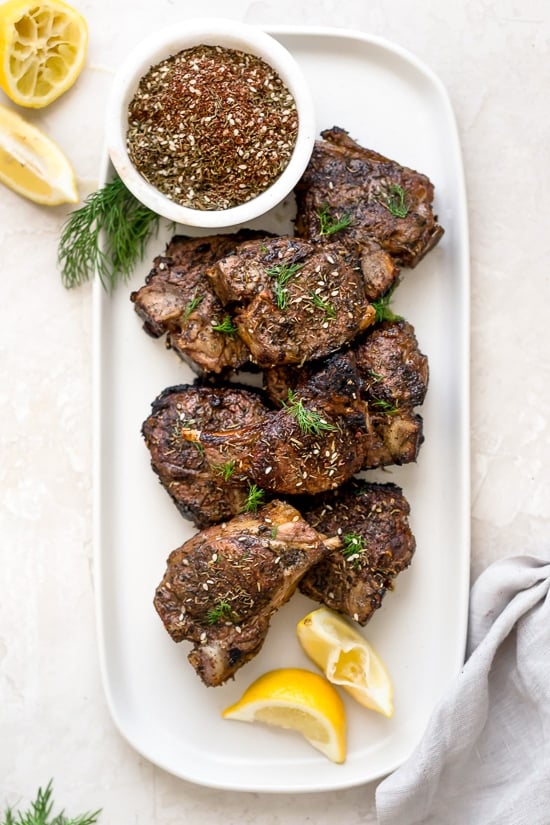 Grilled lamb loin chops seasoned with Za'atar, a Mediterranean blend of sumac, thyme, sesame and salt.