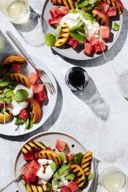 Although burrata—a fresh cheese made with mozzarella and cream—is undeniably the star of this light summer salad, the juicy grilled peaches and refreshing watermelon are pretty hard to resist.