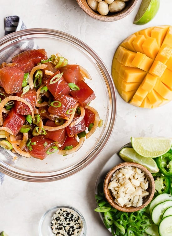 Marinated sushi-grade tuna, mangoes and macadamia nuts used to make a delicous poke bowl.