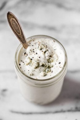 This simple, light, homemade Blue Cheese Dressing is made with Greek yogurt, blue cheese, lemon juice, mayonnaise and seasoning.