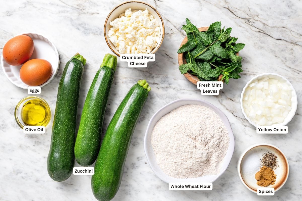 Ingredients for Zucchini Fries with Feta and Mint.