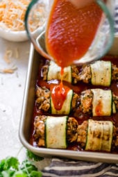 These Low-Carb Chicken Enchilada Roll Ups are made with zucchini in place of tortillas! Delicious, and perfect for Keto, gluten-free or low-carb diets.