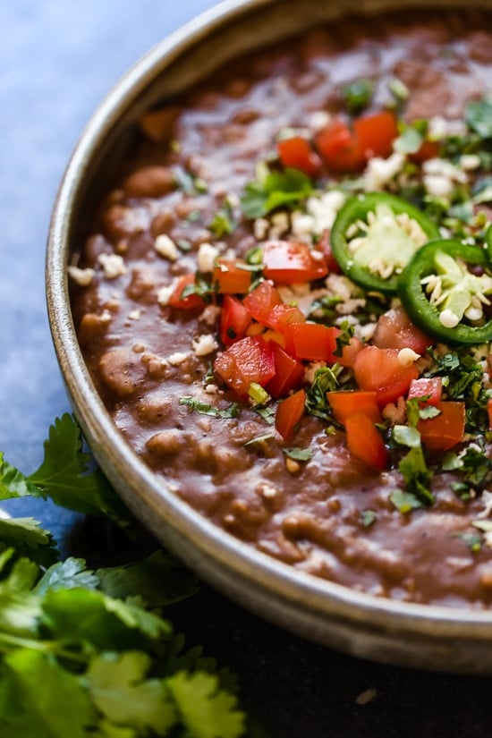 Close up of a bowl of Instant Pot refried beans