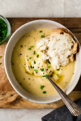 Potato Leek Soup with bread in a bowl