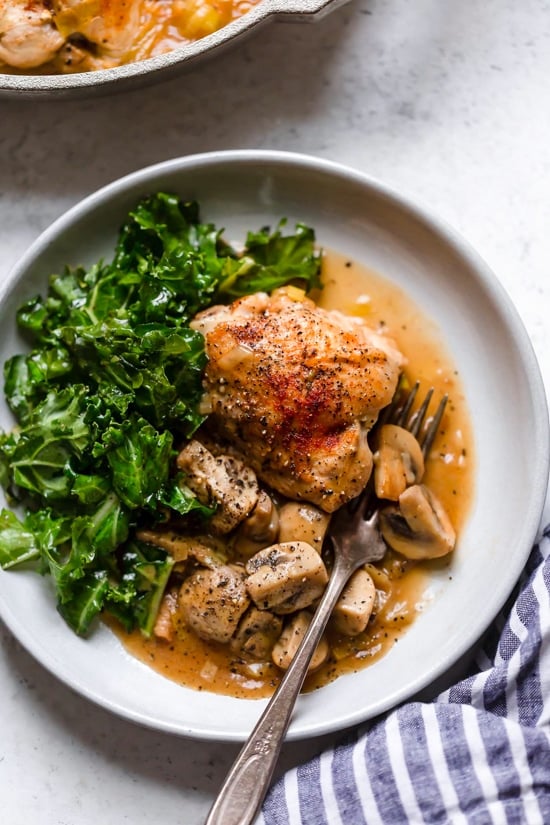 Braised Chicken Thighs with Mushrooms and Leeks is the perfect cold weather comfort food. 