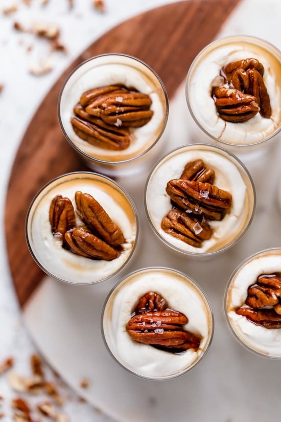 Sticking with my philosophy of eating smaller portions, I love to make desserts in shot glasses like these Maple Pecan Cheesecake Shooters!