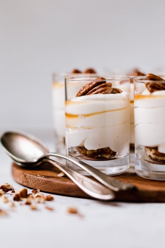 Sticking with my philosophy of eating smaller portions, I love to make desserts in shot glasses like these Maple Pecan Cheesecake Shooters!