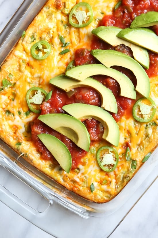 This Tex Mex breakfast casserole has all the makings of a delicious breakfast – potatoes, chorizo, green chilies and cheese. Topped with salsa and avocado, this is perfect to feed a crowd!