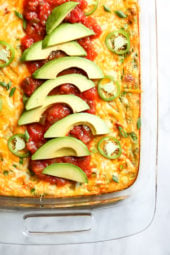 This Tex Mex breakfast casserole has all the makings of a delicious breakfast – potatoes, chorizo, green chilies and cheese. Topped with salsa and avocado, this is perfect to feed a crowd!