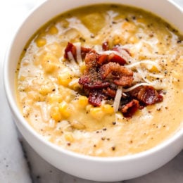 This thick and cheesy chowder with potatoes, corn, cauliflower, and bacon is perfect for cold and cozy winter nights.