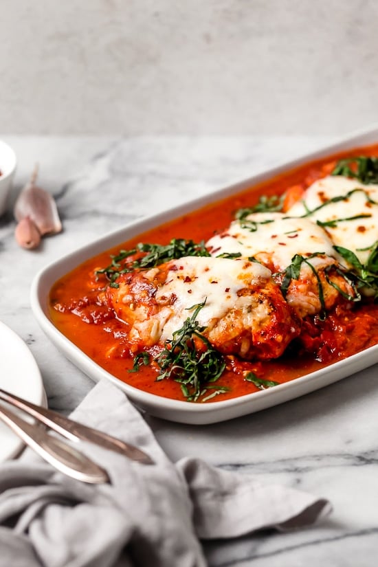 Instant Pot chicken parmesan in a serving tray