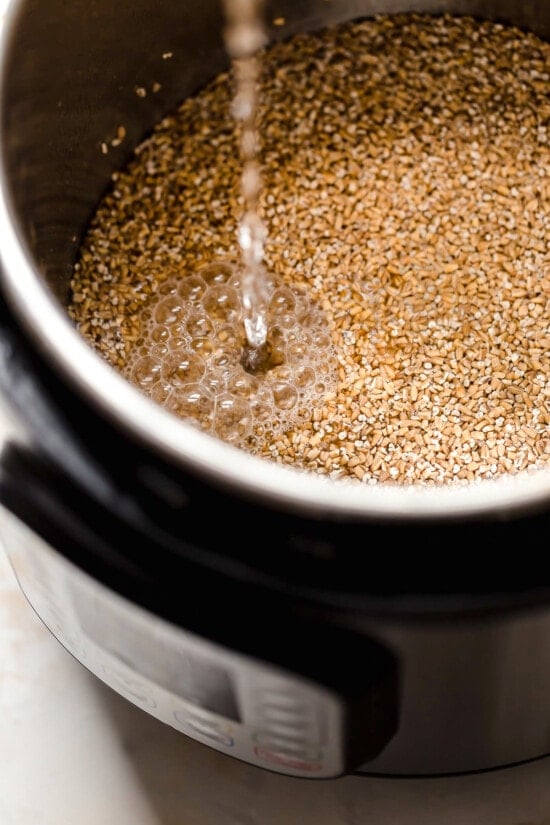 Water being poured into an Instant Pot with steel cut oats