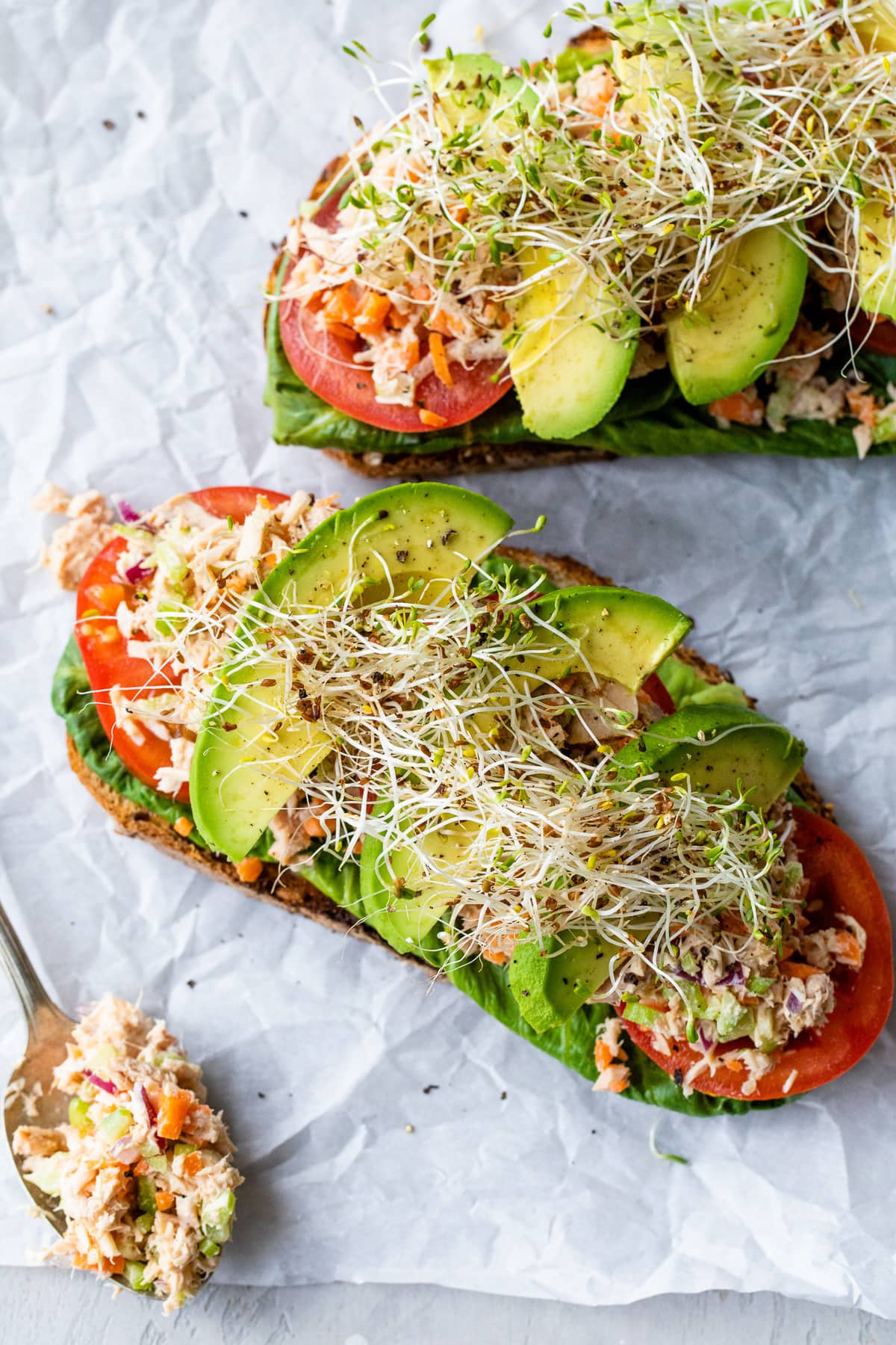 Open tuna sandwich with avocado
