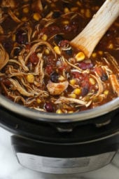 Chicken Taco Chili, made with chicken, beans, corn and tomatoes seasoned with taco seasoning is one of my most popular slow cooker recipes, which I just remade for Instant Pot after several requests! This recipe couldn’t be easier, made with ingredients you probably already have in your pantry.