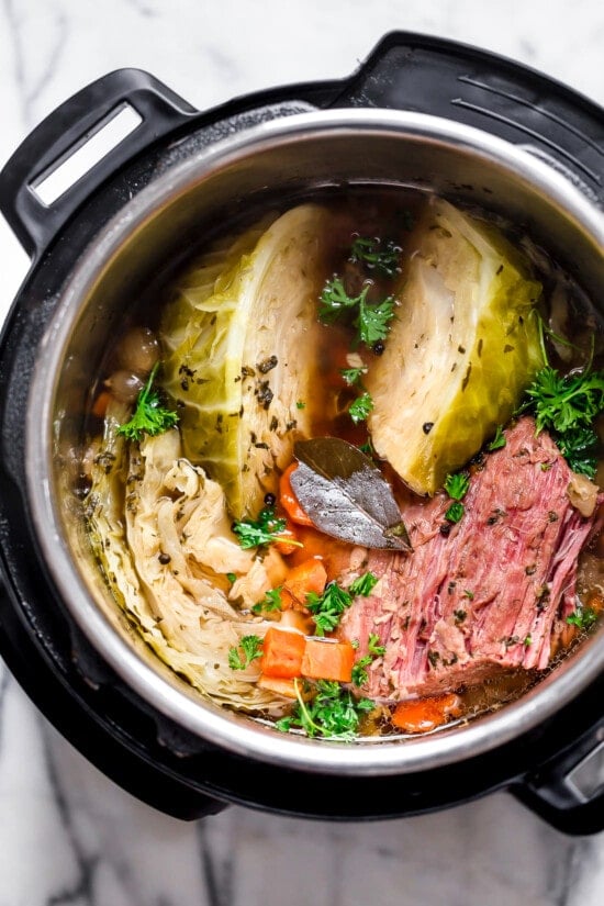 Corned beef, cabbage, and carrots in an Instant Pot.