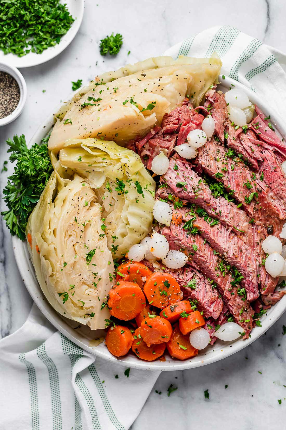 A plate of sliced corned beef and cabbage