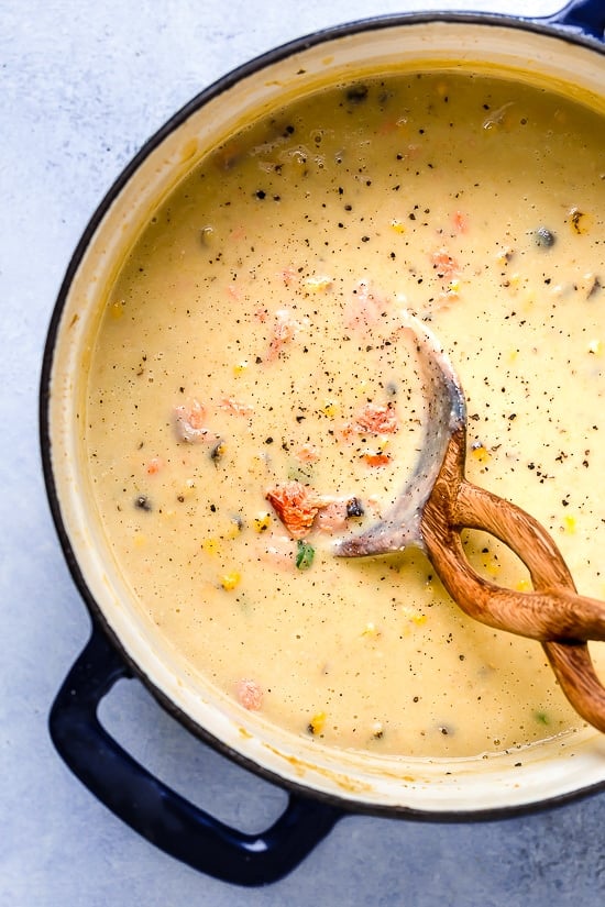 This creamy Smoked Salmon Chowder is truly comfort food in a bowl! Made with hot-smoked salmon (full of heart-healthy fats) and a ton of nutrient-packed veggies (onion, celery, carrots, potatoes, corn and cauliflower), it’s a good-for-you soup the whole family will love. Stove top and Instant Pot directions provided.