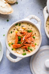This creamy Smoked Salmon Chowder is truly comfort food in a bowl! Made with hot-smoked salmon (full of heart-healthy fats) and a ton of nutrient-packed veggies (onion, celery, carrots, potatoes, corn and cauliflower), it’s a good-for-you soup the whole family will love. Stove top and Instant Pot directions provided.