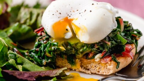 I love this lighter take on Eggs Benedict made with Canadian bacon, Swiss chard and poached eggs on a whole wheat English muffin. Perfect for breakfast or brunch!