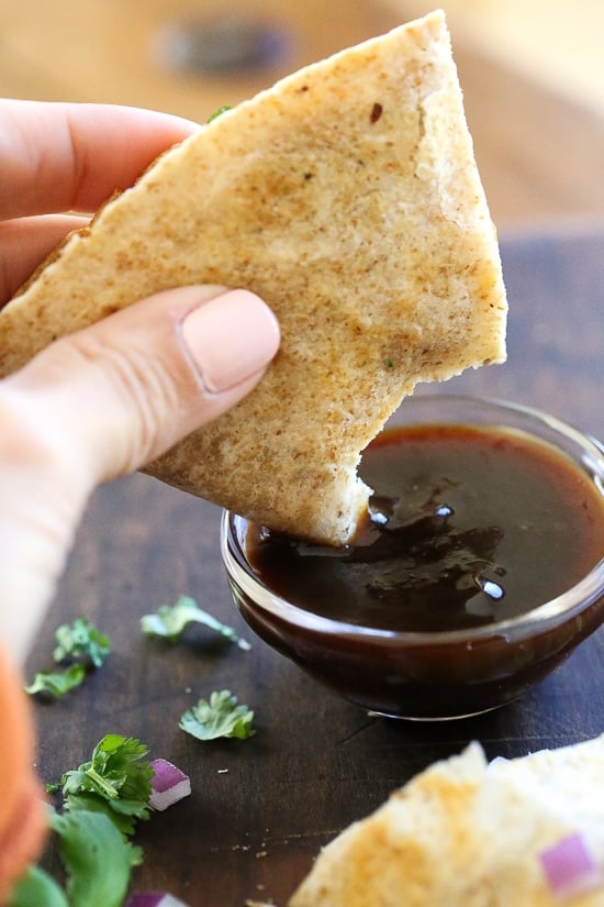 This BBQ Chicken Quesadilla is a fun twist on traditional quesadillas. Made with chicken breast, BBQ sauce, cheese, red onion and cilantro on a high fiber whole wheat tortilla.