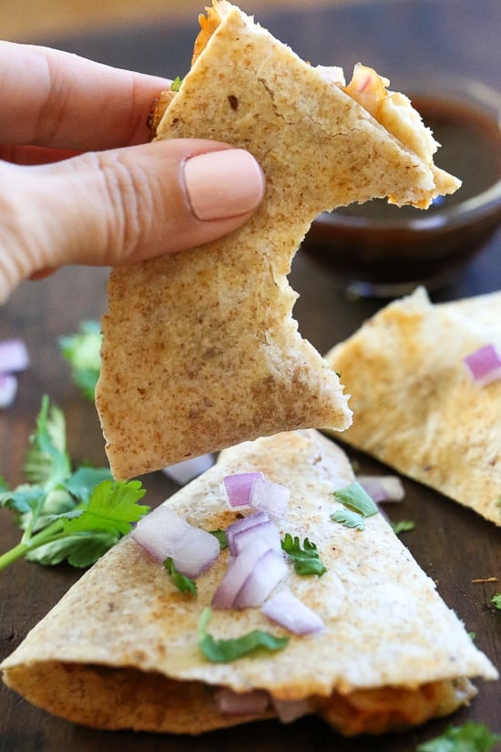 This BBQ Chicken Quesadilla is a fun twist on traditional quesadillas. Made with chicken breast, BBQ sauce, cheese, red onion and cilantro on a high fiber whole wheat tortilla.