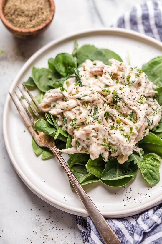 This light and easy chicken salad recipe made with leftover rotisserie chicken breast meat and my homemade ranch dressing. Great for lunch and meal prep!