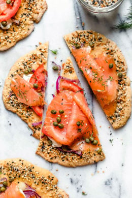 These everything bagel flatbreads, which are great for breakfast or breakfast-for-dinner combine two of my favorite foods – lox and everything bagel seasoning!