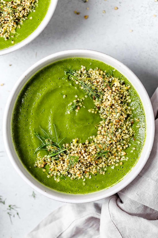 Delicious Green Detox Soup with Toasted Hemp Gremolata is not your typical detox soup, this one is loaded with healthy fats and hemp seeds, a complete protein so it keeps you full too! Perfect if you need a reset from a weekend spent indulging!