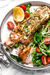 I'm obsessed with this Air Fryer Basil-Parmesan Salmon recipe! Making salmon in the air fryer is quick and easy, and the fish comes out so juicy inside.