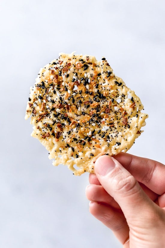 I love making these Everything Parmesan Crisps as a low-carb snack, to add to Caesar salad in place of croutons, with soup, or a great addition to any charcuterie board as an appetizer. 