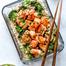 This easy meal-prep honey-sriracha chicken dish, which can also be served as a main dish, is made on a sheet pan and comes together quick!