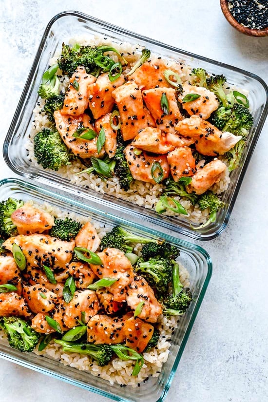 This easy meal-prep honey-sriracha chicken dish, which can also be served as a main dish, is made on a sheet pan and comes together quick!