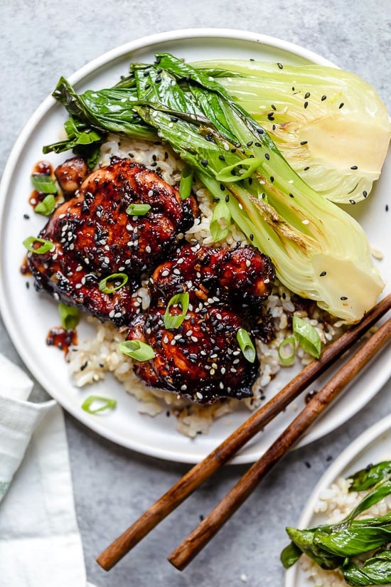 These Asian Glazed Chicken Thighs come out so juicy and delicious in the air fryer! Perfect with brown rice and steamed veggies on the side.