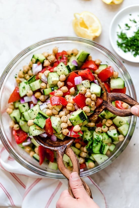 This healthy, summer Chickpea Salad with cucumbers and tomatoes is great for lunch or as a side dish with anything you're grilling!
