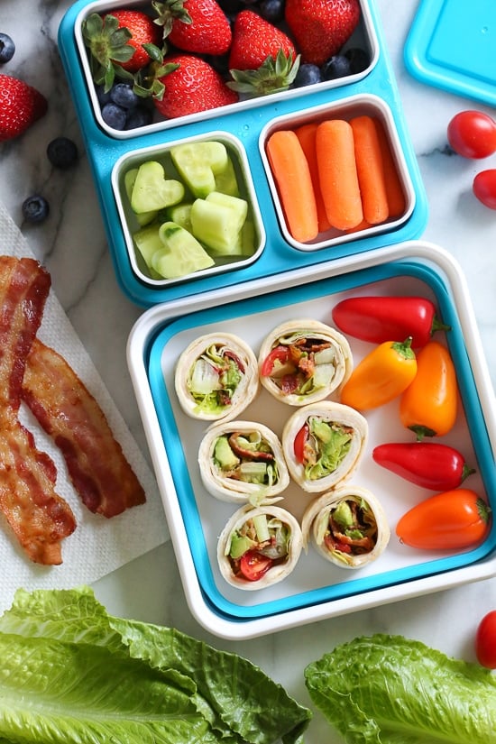 These easy BLT Roll Ups with Turkey and Avocado are delicious and perfect for school lunch.