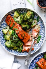 Healthy Air Fryer Salmon with Maple Soy Glaze is delicious, and ready in minutes!