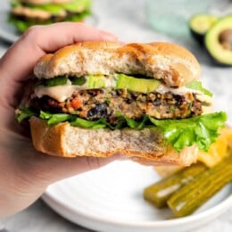 Hand holding veggie burger with bite taken out