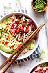 Spicy Tuna Poke Bowl with chopsticks