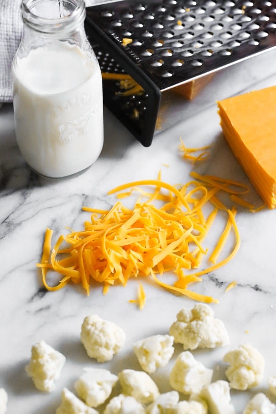 Ingredients to make cauliflower mac and cheese.