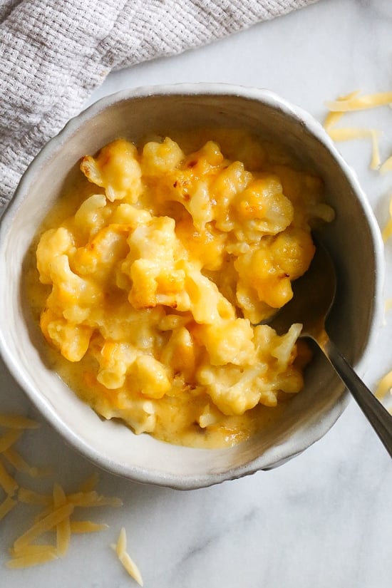 Baked Cauliflower "Mac" and Cheese in a bowl.