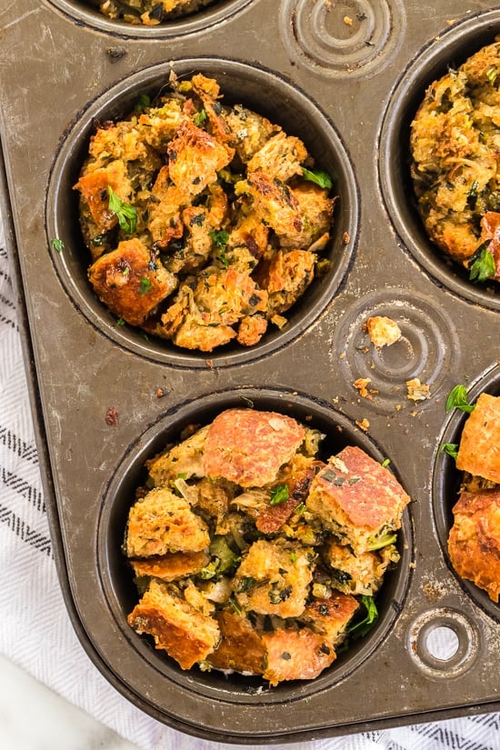 Stuffing Muffins baked in a muffin tin for easy portion control! This classic stuffing recipe is made even more delicious with Pancetta!