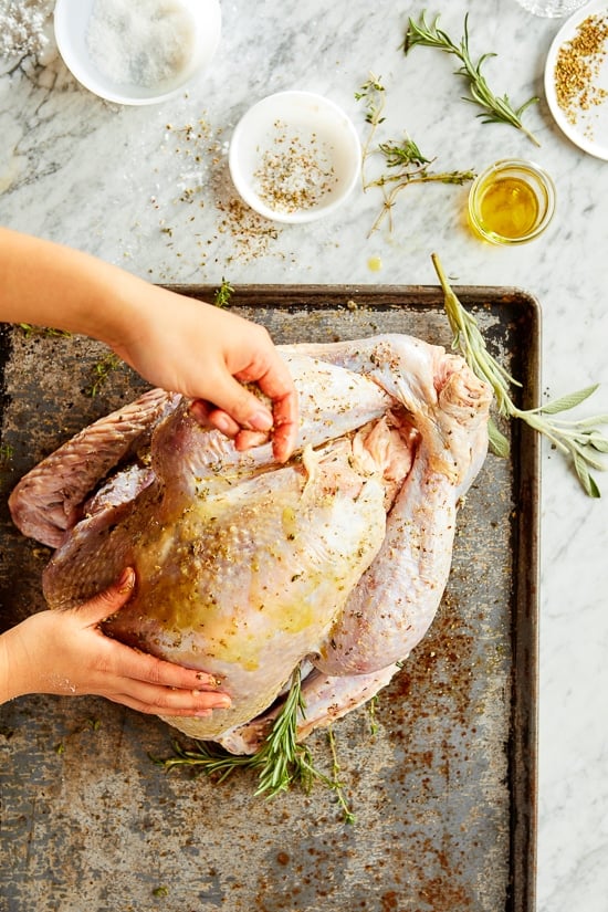 This Herb and Salt-Rubbed Dry Brined Turkey comes out so moist and flavorful, with crispy golden skin and juicy tender meat.