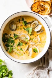 Asian Coconut Broth Clams made with lemongrass, ginger and cilantro is wonderful when paired with bread for dipping all that delicious broth!