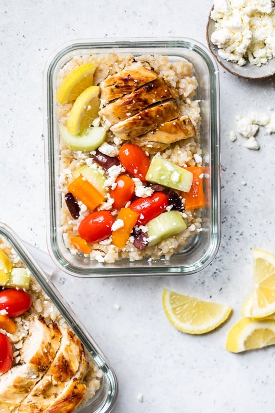 Bring the flavors of the Mediterranean to work with these Greek Chicken Meal Prep Rice Bowls – the perfect recipe to make ahead!