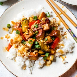 Kung Pao Tofu, a lighter (and vegetarian) take on one of my favorite Chinese takeout dishes!