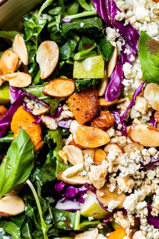 Immune-boosting kale, squash, purple cabbage, arugula, almonds, basil and pears are all tossed in a tangy-sweet dressing. To add more protein, you could add grilled shrimp or salmon.