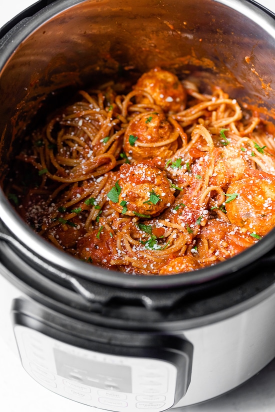 This one-pot Instant Pot Spaghetti and Meatballs is a fast and easy dish the kids and whole family will love!