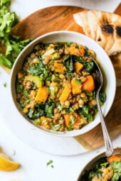 Make a big pot of this healthy, vegetarian (and vegan) Lebanese Lentil Soup, made with green lentils, kale, sweet potato, lots of garlic, ginger, and lemon.